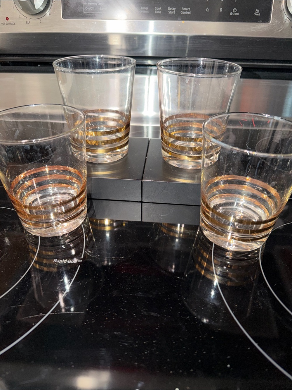 Set of 4 Clear Barski Double Old Fashioned Glasses with Gold Accent Stripes